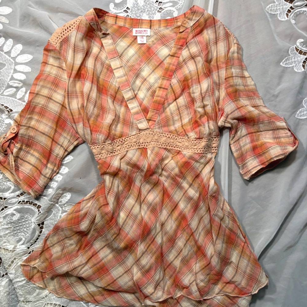 Mossimo Y2K Babydoll Orange Plaid Crochet Lace Empire Waist Tunic Top XL Boho